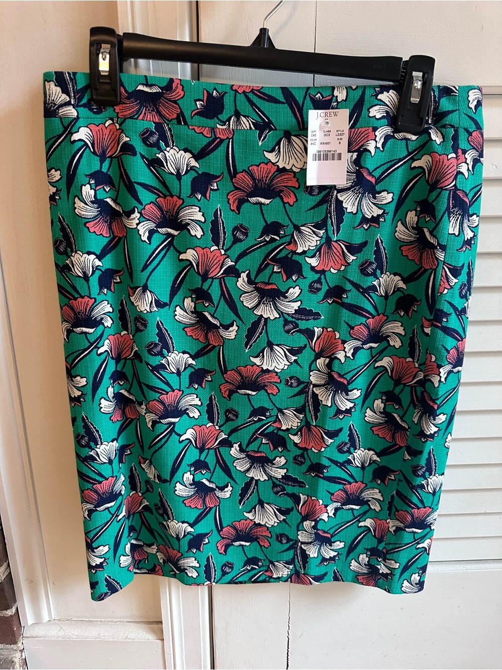 J. Crew Teal Floral Pencil Skirt with Pink and White Blooms